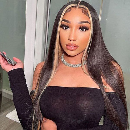 Skunk Stripe Wig with Honey Blonde Highlights Straight 13*4 Human Hair Lace Frontal Wig