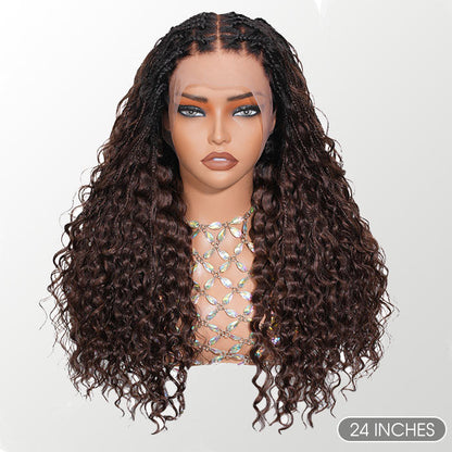 13x6 HD Full Lace Knotless Boho Braided Wigs With Curls Ombre Brown Drawstring Pull Go Wig