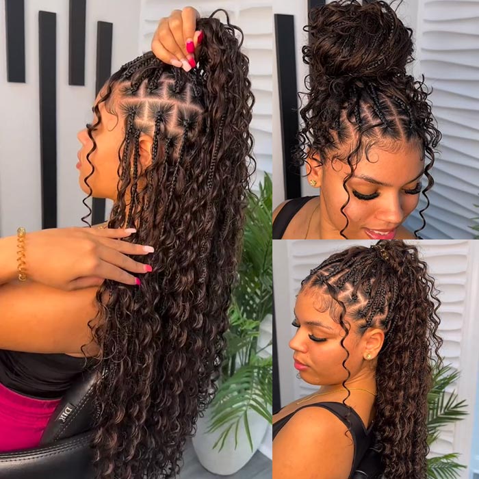 13x6 HD Full Lace Knotless Boho Braided Wigs With Curls Ombre Brown Drawstring Pull Go Wig