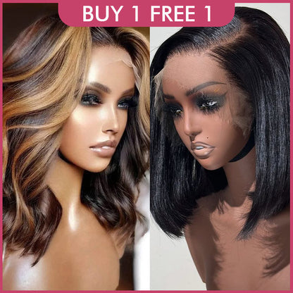 [$149 = 2 Wigs] 220% Density 8x5 Pre Cut HD Lace Blunt Cut Straight & Highlight Body Wave Bob Wig Special Offer