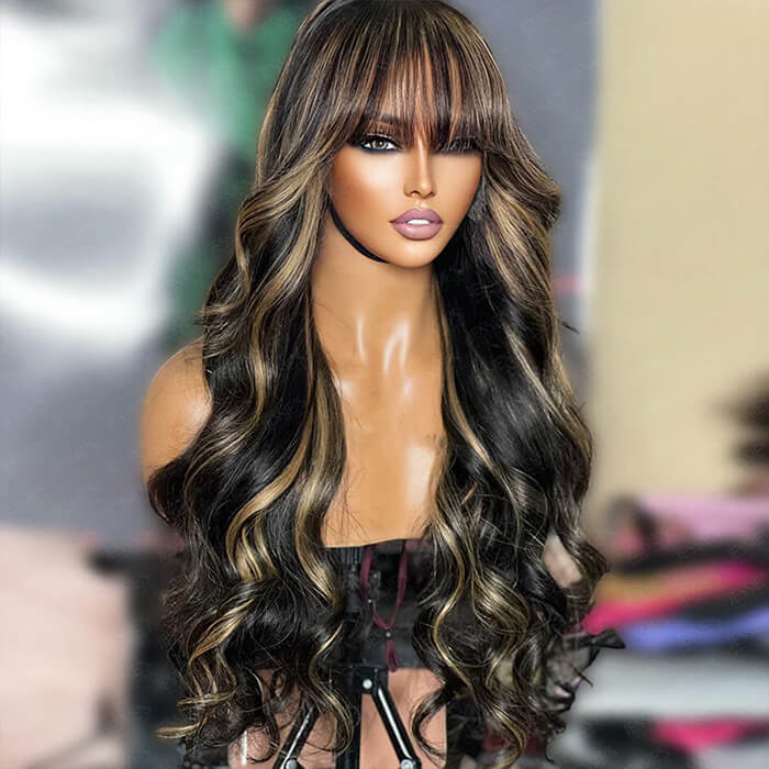 P1B/27 Balayage Blonde Highlights Glueless Body Wave Wig with Bangs 8x5 Pre Cut HD Lace Curtain Bangs Wig