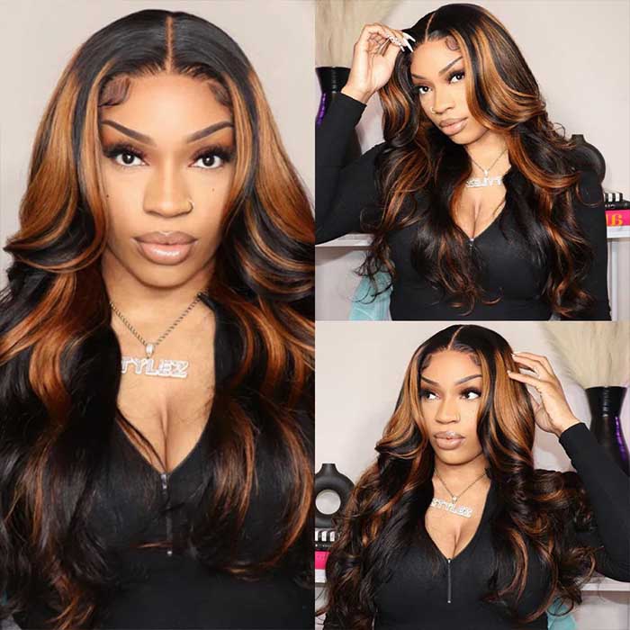 #1B/30 Copper Blonde Highlight Glueless Wig Pre Plucked Pre-Cut Lace Pre Bleached Body Wave Wig