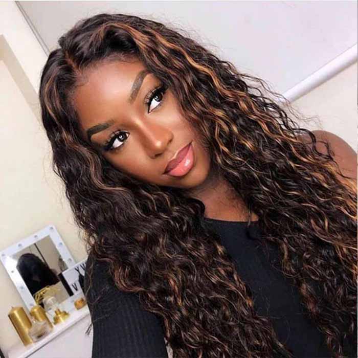 #1B/30 Mix Color Black Brown Highlight Wig Water Wave Glueless HD Lace Front Human Hair Wigs