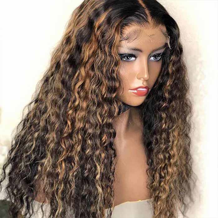 #1B/30 Mix Color Black Brown Highlight Wig Water Wave Glueless HD Lace Front Human Hair Wigs