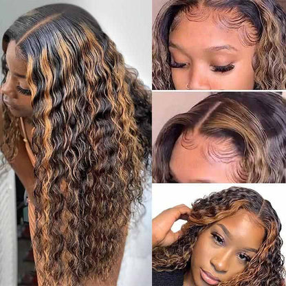#1B/30 Mix Color Black Brown Highlight Wig Water Wave Glueless HD Lace Front Human Hair Wigs
