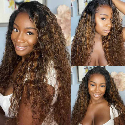 #1B/30 Mix Color Black Brown Highlight Wig Water Wave Glueless HD Lace Front Human Hair Wigs
