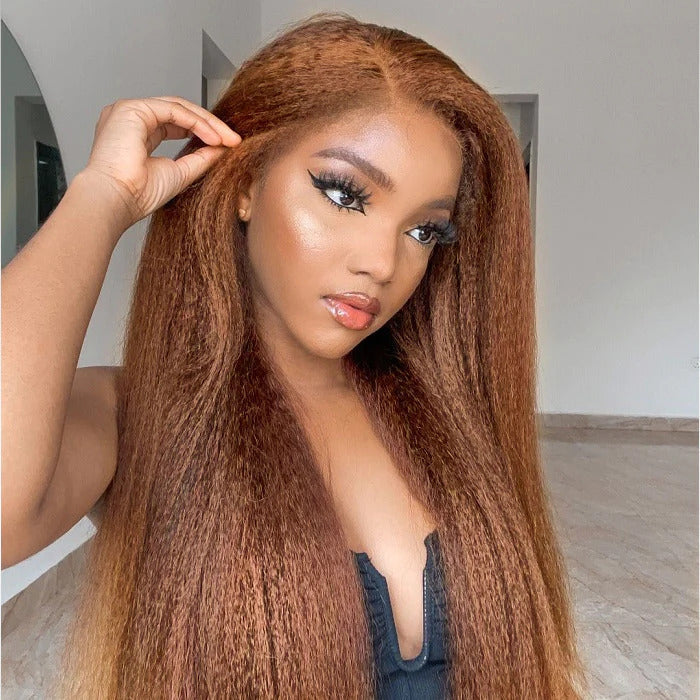 4C Edges Kinky Straight #30 Ginger Brown Human Hair Wig HD Lace Front Glueless Wig