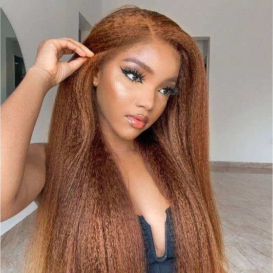 4C Edges Kinky Straight #30 Ginger Brown Human Hair Wig HD Lace Front Glueless Wig
