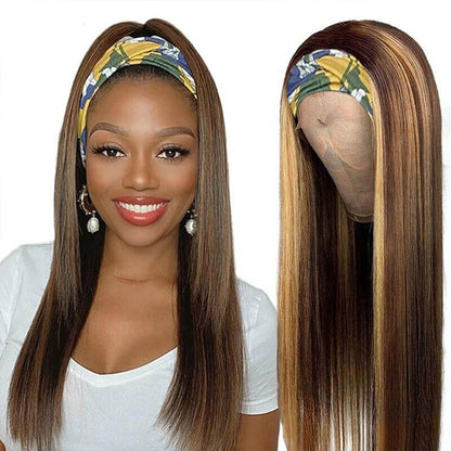 #4/27 Mix Color Highlights Headband Wigs 100% Virgin Human Hair No Gel No Glue Silk Scarf Wigs