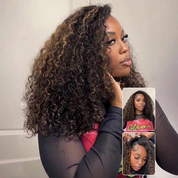 Balayage Highlight Ombre Brown Water Wave 3 In 1 Half Wig Drawstring Wear Go Wig Human Hair BGMgirl Hair