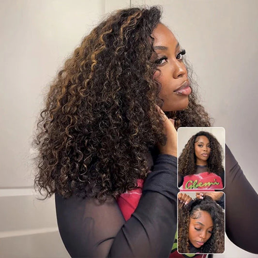 Balayage Highlight Ombre Brown Water Wave 3 In 1 Half Wig Drawstring Wear Go Wig Human Hair BGMgirl Hair