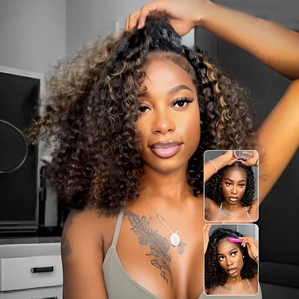 Balayage Highlight Ombre Brown Water Wave 3 In 1 Half Wig Drawstring Wear Go Wig Human Hair BGMgirl Hair