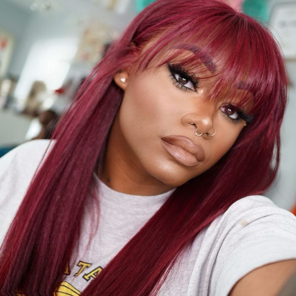 #99J Straight Human Hair Wigs With Bangs Top Lace Wig With Bangs