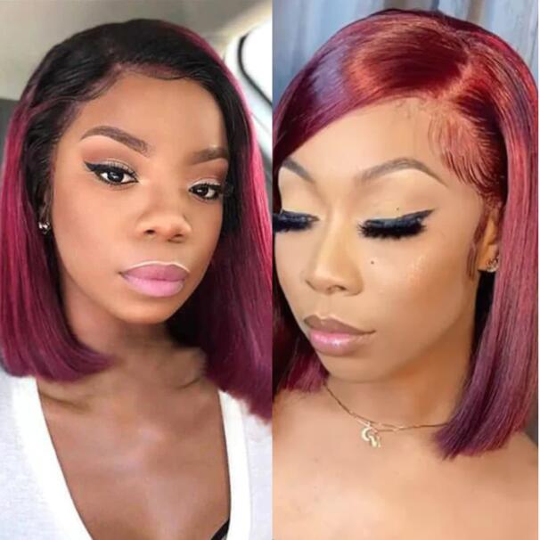 T1b/99J Red Color Human Hair 13x4 Lace Front Wigs 99J Short Cut Bob Wigs