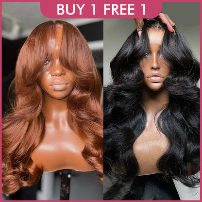 [$229 = 2 Wigs] Reddish Brown & Natural Color Curtain Bangs Body Wave Glueless Wig 220% Density Special Offer