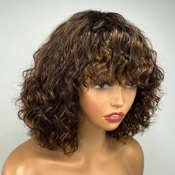 Curly Bob Wig With Bangs Full Machine Made For Women Fringe Wigs Non-Lace Wig