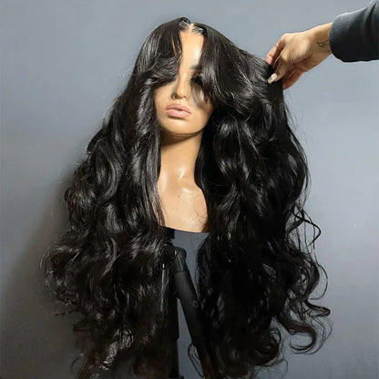 250% Density Loose Body Wave Curtain Bangs Wig Pre Bleached Glueless 13x6 Full Lace Front Human Hair Wigs
