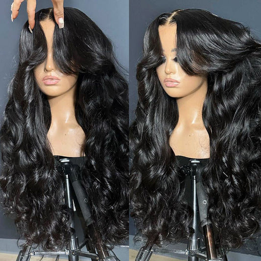 250% Density Loose Body Wave Curtain Bangs Wig Pre Bleached Glueless 13x6 Full Lace Front Human Hair Wigs