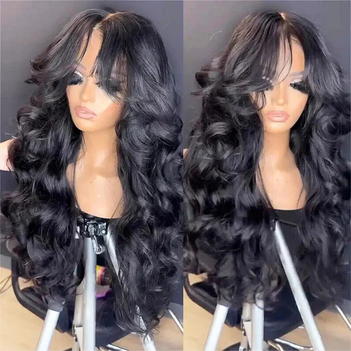 250% Density Loose Body Wave Curtain Bangs Wig Pre Bleached Glueless 13x6 Full Lace Front Human Hair Wigs