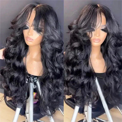 250% Density Loose Body Wave Curtain Bangs Wig Pre Bleached Glueless 13x6 Full Lace Front Human Hair Wigs