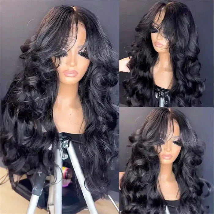 250% Density Loose Body Wave Curtain Bangs Wig Pre Bleached Glueless 13x6 Full Lace Front Human Hair Wigs