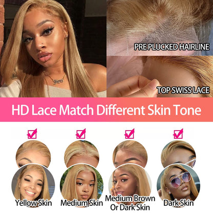 #27 Honey Blonde Straight Colored 13x4 HD Lace Frontal Wigs and 4x4 Lace Closure Wigs