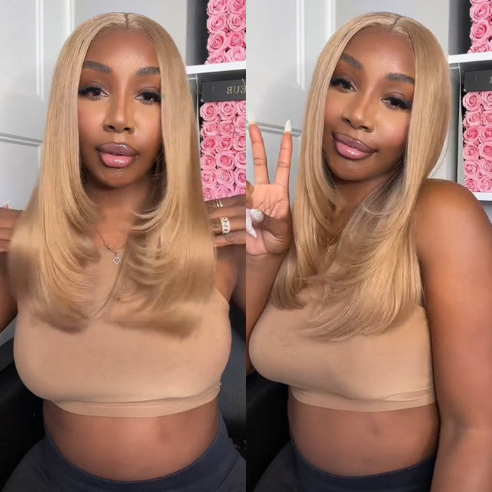 #27 Cameral Blonde Straight Glueless Layered Cut Wig 13x4 13x6 Human Hair HD Lace Front Wig