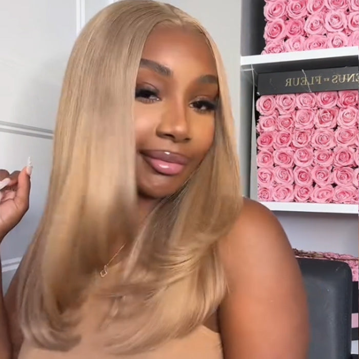 #27 Cameral Blonde Straight Glueless Layered Cut Wig 13x4 13x6 Human Hair HD Lace Front Wig