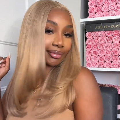 #27 Cameral Blonde Straight Glueless Layered Cut Wig 13x4 13x6 Human Hair HD Lace Front Wig
