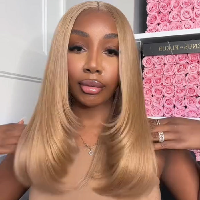 #27 Cameral Blonde Straight Glueless Layered Cut Wig 13x4 13x6 Human Hair HD Lace Front Wig
