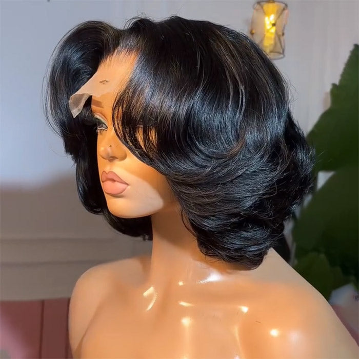 280% Density Layered Cut Body Wave Bob Wig Bleached Knots 8x5 Pre Cut HD Lace Human Hair Bob Wigs