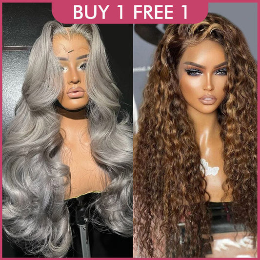 [$299 = 2 Wigs] Grey Body Wave 13x4 Lace Front Wig & P4/27 Highlight Blonde Brown Curly Wig Special Offer