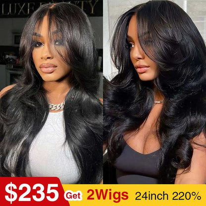 [2Wigs 220%] Glueless Curtain Bangs Straight & Body Wave Wig Human Hair Wear Go Wig Special Offer
