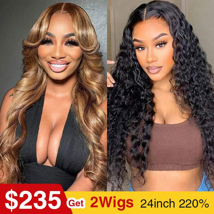 [2Wigs 220%] Highlight Blonde Body Wave Curtain Bangs Wig+ Deep Wave Pre Cut Lace Glueless Wig Special Offer