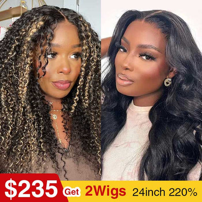 [2Wigs 220%] Highlight Blonde Curly Pre Cut HD Lace Wig + Body Wave Ready Go Glueless Wig Special Offer