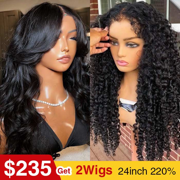 [2Wigs 220%] Pre Bleached Pre Cut HD Lace Wig 4C Edges Curly Wig + Curtain Bangs Body Wave Wig Special Offer