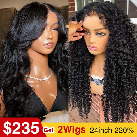 [2Wigs 220%] Pre Bleached Pre Cut HD Lace Wig 4C Edges Curly Wig + Curtain Bangs Body Wave Wig Special Offer