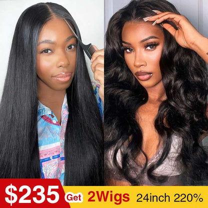 [2Wigs 220%] Pre Bleached Wear Go Glueless Wig Pre Cut HD Lace Straight & Body Wave Human Hair Wigs Special Offer