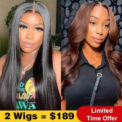 2Wigs $189 | Glueless Straight Human Hair Wig + Chocolate Brown Body Wave Wear Go Wig Special Offer