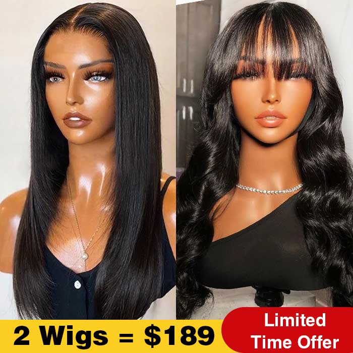 2Wigs $189 Straight Pre Cut Lace Glueless Wig + Body Wave Human Hair Wig With Bangs Special Offer