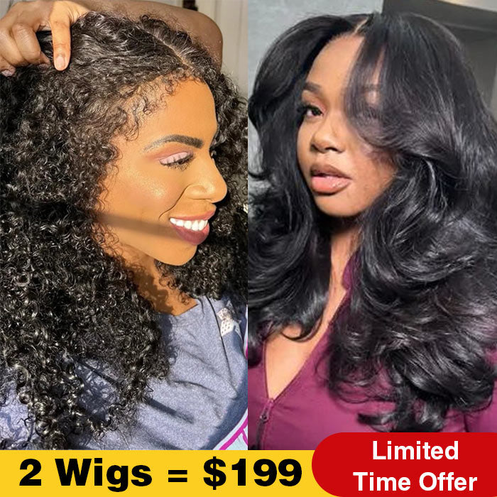 2Wigs $199 | Body Wave Curtain Bangs Wig + 4C Edges Curly Glueless Wig 8x5 Pre Cut HD Lace Wig Special Offer