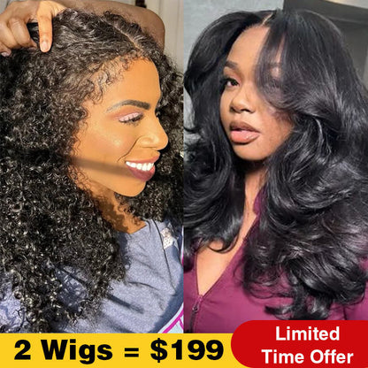 2Wigs $199 | Body Wave Curtain Bangs Wig + 4C Edges Curly Glueless Wig 8x5 Pre Cut HD Lace Wig Special Offer