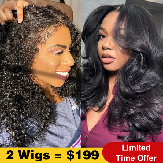 2Wigs $199 | Body Wave Curtain Bangs Wig + 4C Edges Curly Glueless Wig 8x5 Pre Cut HD Lace Wig Special Offer
