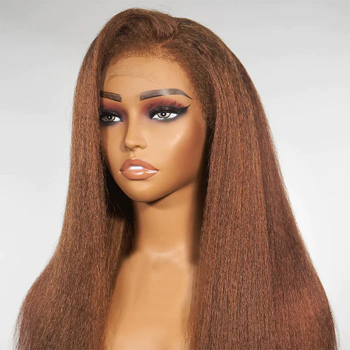 4C Edges Kinky Straight #30 Ginger Brown Human Hair Wig HD Lace Front Glueless Wig