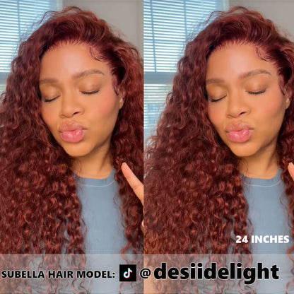#33 Reddish Brown Auburn Water Wave Human Hair Wig HD Transparent 13x4 Lace Front Wig