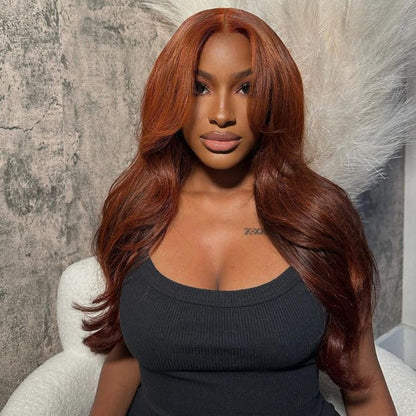 Curtain Bangs Glueless HD Lace Wig Reddish Brown Straight Human Hair Wigs with Adjustable Strap