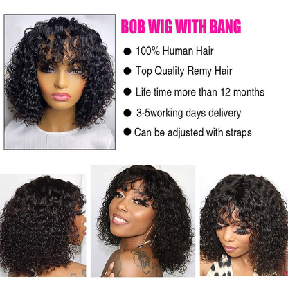 Curly Bob Wig With Bangs Full Machine Made For Women Fringe Wigs Non-Lace Wig
