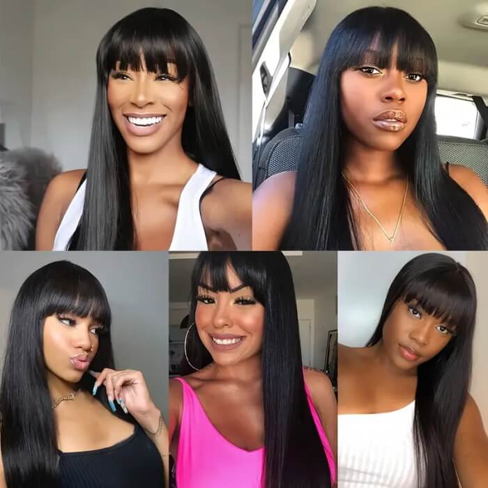 Straight Wig With Bangs Natural Color Top Lace Straight Human Hair Glueless Wig