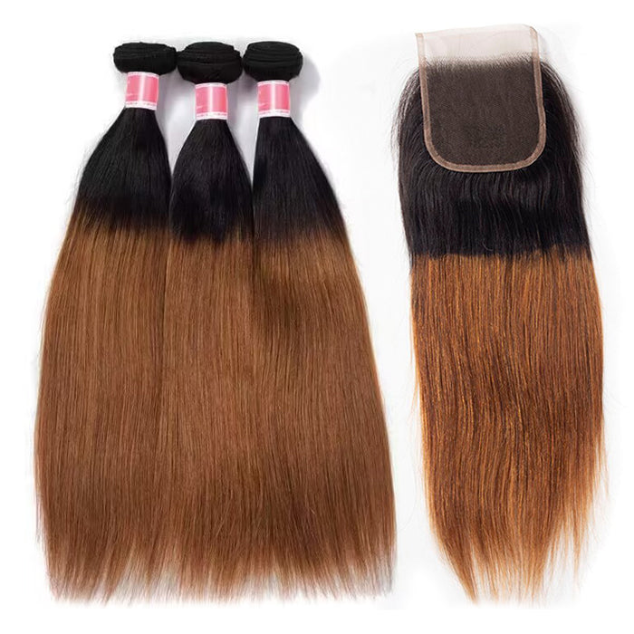 Ombre 1B30 Straight Human Hair 3 Bundles With 4x4 Lace Closure