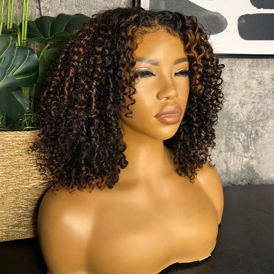 300% Density 4C Edges Coil Curly Bob Wig Highlights Balayage Short Bob Human Hair Glueless Wig with Curly Baby Hair